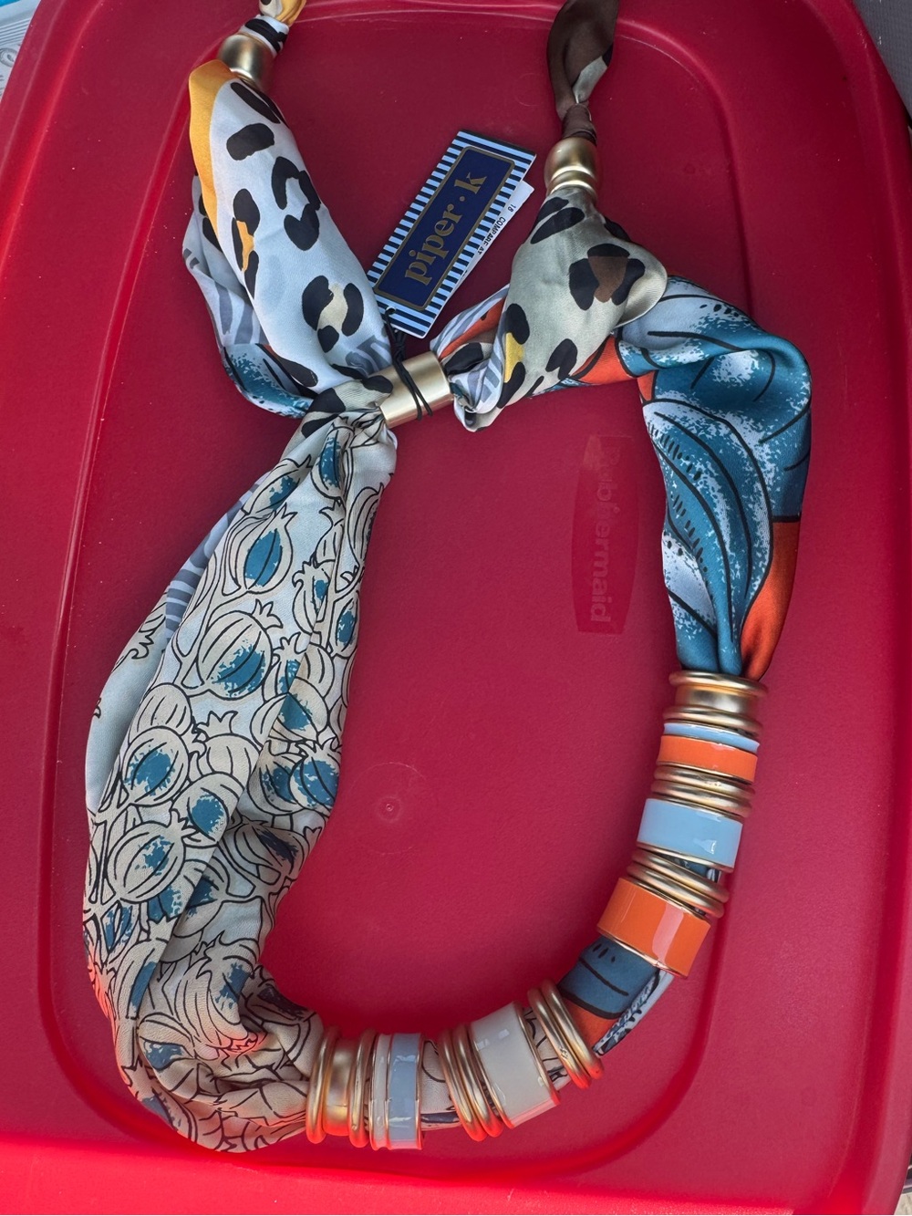 Piper K Printed Silk-Style Necklace Scarf in Blue & Orange w/ animal print too!